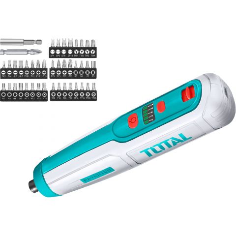 Total Mini batteridrevet skrutrekker, 4 V, USB-lading, med TOTAL bitsett Total Mini batteridrevet skrutrekker, 4 V, USB-lading, med TOTAL bitsett