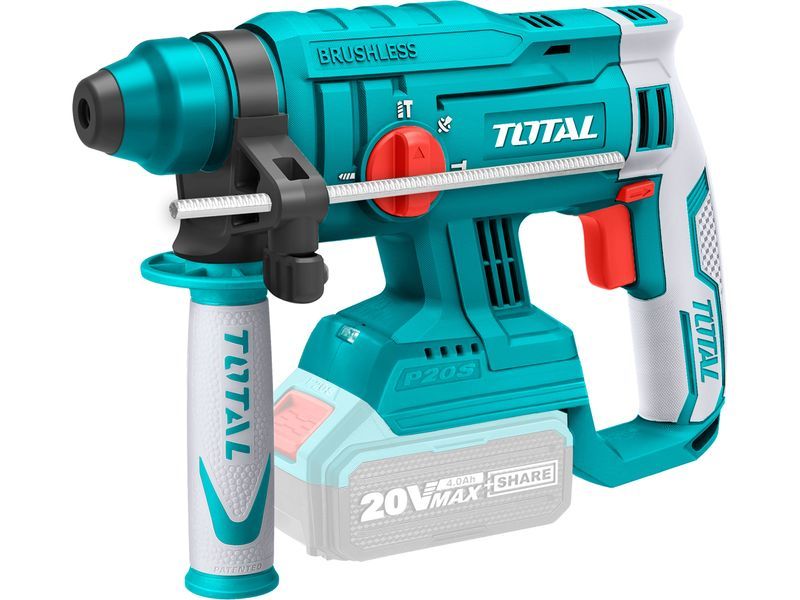 Total batteridrevet borhammer, SDS Plus, børsteløs, 20 V Li-Ion, 2000 mAh, 1,5 J, uten batteri og lader, industriell Total batteridrevet borhammer, SDS Plus, børsteløs, 20 V Li-Ion, 2000 mAh, 1,5 J, uten batteri og lader, industriell