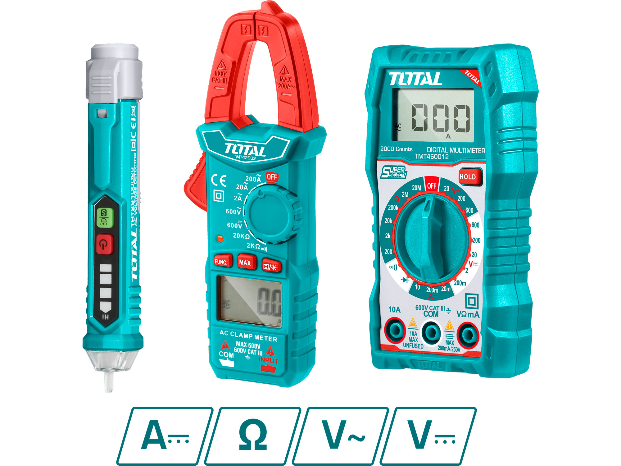 Sett bestående av digitalt multimeter, tangmultimeter og vekselspenningstester, Total Sett bestående av digitalt multimeter, tangmultimeter og vekselspenningstester, Total